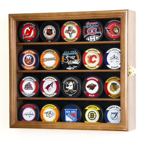 Twenty (20) Hockey Puck Square Wood Display Case Cabinet