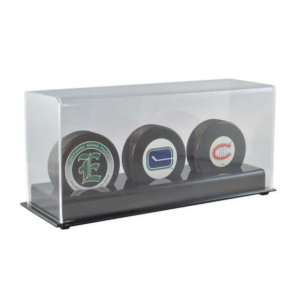Three Hockey Puck Display Case Acrylic Base Free Shipping