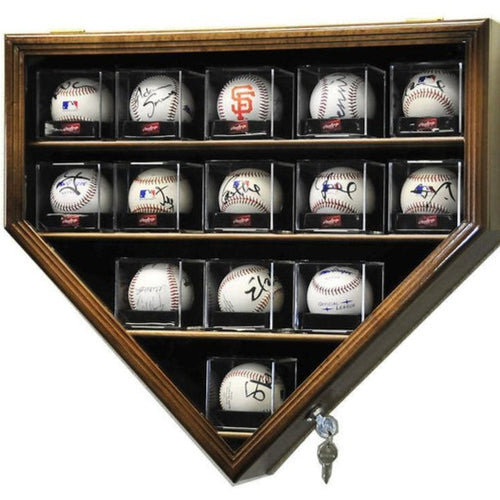 Fourteen Baseball Acrylic Cube Home Plate Shaped Wood Display Case