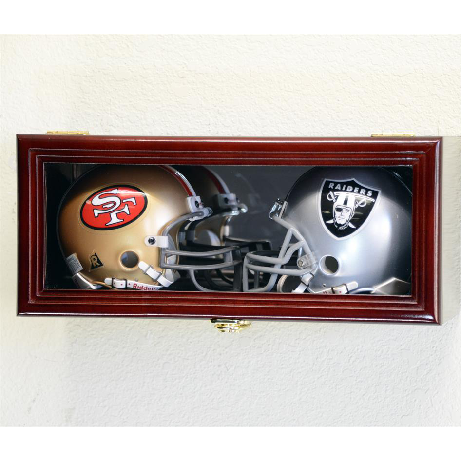 football helmet cabinet Pocket Pro Mini Display Case Walnut 2 Space Between Shelves Football Helmet Storage Cart -