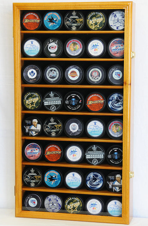 Forty (40) Hockey Puck Square Wood Display Case Cabinet