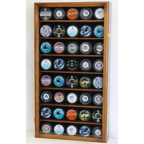 Forty Hockey Puck Square Wood Display Case Cabinet