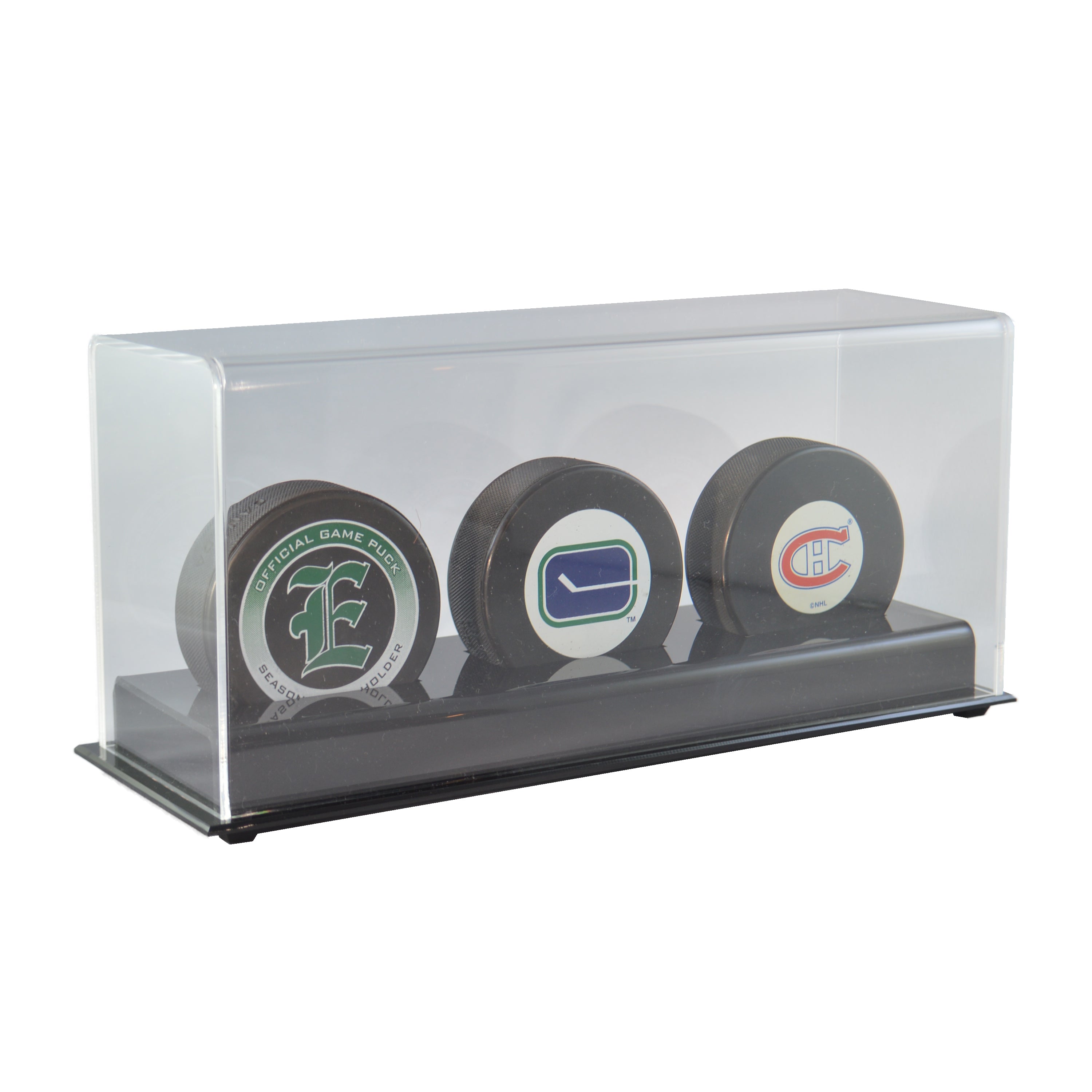 Three Hockey Puck Display Case Acrylic Base Free Shipping Memorabilia Displays