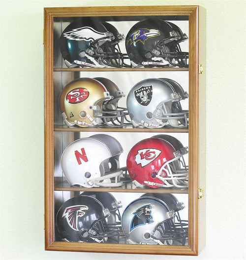 Mini Football Helmet Wood Cabinet Display Case - Holds Up To 8 Helmets